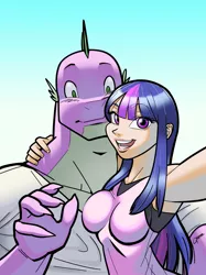 Size: 3071x4096 | Tagged: safe, artist:garam, derpibooru import, spike, twilight sparkle, anthro, dragon, human, armpits, breasts, clothes, female, humanized, looking at you, male, open mouth, selfie, shipping, straight, tanktop, twispike