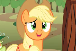 Size: 1396x939 | Tagged: safe, derpibooru import, screencap, applejack, earth pony, pony, the super speedy cider squeezy 6000, apple, apple tree, cropped, cute, female, jackabetes, mare, open mouth, smiling, solo, tree