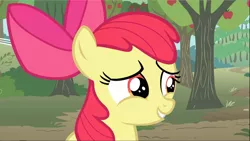 Size: 1668x939 | Tagged: safe, derpibooru import, screencap, apple bloom, earth pony, pony, the super speedy cider squeezy 6000, apple, apple tree, female, filly, foal, smiling, solo, tree