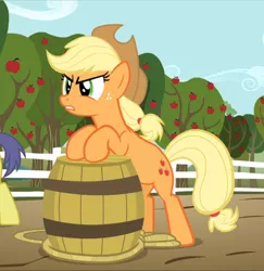 Size: 914x939 | Tagged: safe, derpibooru import, screencap, applejack, earth pony, pony, the super speedy cider squeezy 6000, angry, apple, apple tree, barrel, bipedal, bipedal leaning, cropped, female, freckles, leaning, mare, offscreen character, rope, solo focus, tree