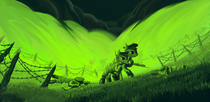 Size: 2872x1400 | Tagged: semi-grimdark, artist:matthewboyz, derpibooru import, oc, unofficial characters only, earth pony, pony, angry, army, attack of the dead men, bandage, barbed wire, chlorine, clothes, female, gun, hat, limited palette, male, mare, military, military uniform, osowiec, rifle, russian army, russian empire, soldier, uniform, war, weapon, world war i