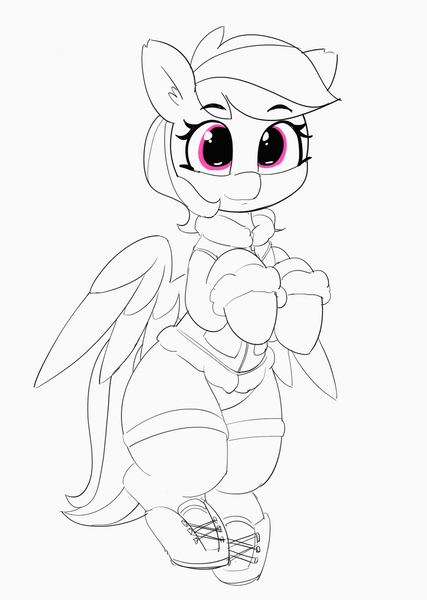 Size: 1280x1797 | Tagged: safe, artist:pabbley, derpibooru import, rainbow dash, pegasus, pony, 30 minute art challenge, bipedal, boots, clothes, monochrome, partial color, shoes, solo, winter outfit