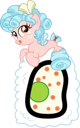 Size: 937x1500 | Tagged: safe, artist:cloudyglow, derpibooru import, cozy glow, seapony (g4), cozybetes, cute, female, food, micro, ponies in food, seaponified, seapony cozy, seapony cozy glow, simple background, solo, species swap, sushi, sushi pony, tongue out, transparent background