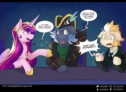 Size: 1150x837 | Tagged: safe, artist:its-gloomy, derpibooru import, princess cadance, oc, oc:admiral riptide, pony, tumblr:ask queen moon, bicorne, hat