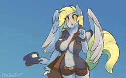 Size: 2304x1440 | Tagged: absolute cleavage, anthro, artist:chazcatrix, breasts, busty derpy hooves, cleavage, clothes, derpibooru import, derpy hooves, female, gradient background, hat, hoers, mailbag, mailmare, mailmare hat, open clothes, open shirt, panties, pegasus, shorts, signature, smiling, solo, solo female, spread wings, suggestive, thong, underwear, watch, wings, wristwatch