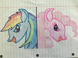 Size: 3264x2448 | Tagged: safe, artist:rainbow dash is best pony, derpibooru import, pinkie pie, rainbow dash, pony, fanfic:cupcakes, fanfic:rainbow factory, colored pencil drawing, lined paper, marker outline, rainbow factory dash, traditional art