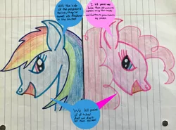 Size: 1639x1212 | Tagged: safe, artist:rainbow dash is best pony, derpibooru import, edit, pinkie pie, rainbow dash, pony, fanfic:cupcakes, fanfic:rainbow factory, colored pencil drawing, evil, lined paper, marker outline, rainbow factory dash, speech bubble, traditional art