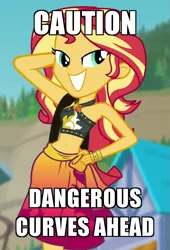 Size: 579x853 | Tagged: safe, derpibooru import, edit, edited screencap, screencap, sunset shimmer, equestria girls, equestria girls series, forgotten friendship, belly button, caption, clothes, cropped, geode of empathy, lidded eyes, magical geodes, midriff, out of context, sexy, sleeveless, solo, sunset selfie, swimsuit