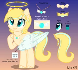 Size: 1024x914 | Tagged: safe, artist:liya04, artist:nocturnal-moonlight, derpibooru import, oc, oc:angela pearl, unofficial characters only, angel pony, original species, pegasus, pony, angel, base used, braid, cute, female, gradient background, gradient eyes, grin, halo, heart eyes, jewelry, looking up, mare, necklace, ocbetes, raised hoof, reference sheet, smiling, solo, wingding eyes