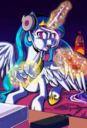 Size: 1401x2048 | Tagged: safe, artist:princrim, derpibooru import, princess celestia, alicorn, pony, bed, bubble, coke, controller, eating, female, food, gamer celestia, headphones, hoof shoes, jewelry, levitation, looking at you, magic, mare, meat, open mouth, pepperoni, pepperoni pizza, peytral, pizza, playing, ponies eating meat, prone, puffy cheeks, shrunken pupils, soda, solo, sparkles, spread wings, telekinesis, tiara, wing fluff, wings, xbox 360, xbox 360 controller