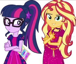 Size: 2048x1730 | Tagged: safe, artist:superbobiann, derpibooru import, editor:superbobiann, sci-twi, sunset shimmer, twilight sparkle, equestria girls, equestria girls series, spring breakdown, spoiler:eqg series (season 2), background removed, cropped, geode of empathy, geode of telekinesis, glasses, magical geodes, ponytail, simple background, transparent background