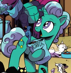 Size: 860x890 | Tagged: safe, artist:andypriceart, derpibooru import, idw, glitter drops, tempest shadow, bird, cat, pony, unicorn, spoiler:comic, spoiler:comic67, animal, bag, cat food, cropped, cute, female, food bowl, hoof hold, hoof shoes, mare, official comic, saddle bag