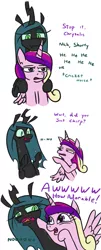 Size: 483x1200 | Tagged: safe, artist:jargon scott, derpibooru import, princess cadance, queen chrysalis, alicorn, changeling, changeling queen, pony, awww, changeling noises, chirp, chirping, comic, cute, cute bug noises, cutealis, cutedance, descriptive noise, dialogue, duo, embarrassed, female, laughing, mare, simple background, starry eyes, teasing, white background, wingding eyes