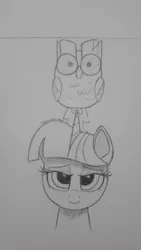 Size: 675x1200 | Tagged: safe, artist:adjierakapangestu, derpibooru import, owlowiscious, twilight sparkle, alicorn, bird, owl, pony, bust, female, gray background, horn, horn grab, lidded eyes, looking at you, mare, messy mane, monochrome, simple background, sketch, smiling, solo, traditional art