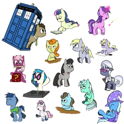 Size: 5000x5000 | Tagged: safe, artist:replaymasteroftime, derpibooru import, amethyst star, beauty brass, blues, bon bon, carrot top, derpy hooves, dinky hooves, doctor whooves, golden harvest, hoity toity, lyra heartstrings, noteworthy, octavia melody, sweetie belle, sweetie drops, time turner, trixie, vinyl scratch, earth pony, pegasus, pony, unicorn, absurd resolution, doctor who, eyes closed, female, filly, male, mare, stallion, tardis