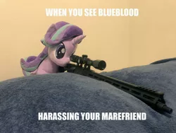 Size: 4032x3024 | Tagged: safe, artist:nekokevin, artist:yaop, derpibooru import, edit, editor:genericarchangel, starlight glimmer, pony, series:nekokevin's glimmy, caption, exploitable meme, gun, image macro, implied blueblood, implied lesbian, implied shipping, implied startrix, implied trixie, irl, meme, photo, plushie, snipelight glimmer, solo, text, this will end in gulag, weapon