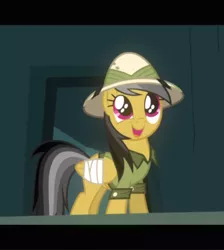 Size: 840x938 | Tagged: safe, derpibooru import, screencap, daring do, pegasus, pony, read it and weep, balcony, bandage, bandaged wing, clothes, cropped, cute, daring dorable, eye shimmer, female, happy, hat, looking up, mare, open mouth, pith helmet, shirt, smiling, solo, wings