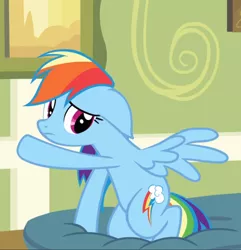 Size: 906x938 | Tagged: safe, derpibooru import, screencap, rainbow dash, pegasus, pony, read it and weep, cropped, cute, female, floppy ears, mare, pillow, raised hoof, sad, sadorable, sitting, solo, spread wings, wings