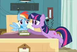 Size: 1388x938 | Tagged: safe, derpibooru import, screencap, rainbow dash, twilight sparkle, pegasus, pony, unicorn, read it and weep, bandage, bed, book, cropped, duo, female, hospital, looking at each other, lying down, mare, raised hoof, unicorn twilight