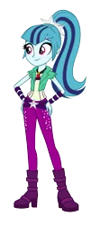 Size: 1200x2700 | Tagged: safe, artist:traachon, derpibooru import, aria blaze, sonata dusk, equestria girls, boots, clothes, female, gem, hand on hip, high heel boots, jewelry, pendant, ponytail, shirt, shoes, simple background, siren gem, smiling, solo, transparent background, vector, vest