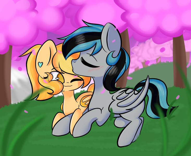 Size: 2133x1745 | Tagged: safe, artist:thieftea, derpibooru import, oc, oc:greycedar, oc:pudding, unofficial characters only, bat pony, pony, bat pony oc, bat wings, cute, grass, heart, kissing, tree, wings