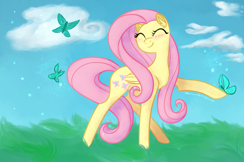 Size: 1800x1200 | Tagged: safe, artist:puddingskinmcgee, derpibooru import, fluttershy, butterfly, pegasus, pony, cute, eyes closed, female, mare, shyabetes, smiling, solo