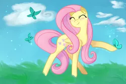 Size: 1800x1200 | Tagged: safe, artist:puddingskinmcgee, derpibooru import, fluttershy, butterfly, pegasus, pony, cute, eyes closed, female, mare, shyabetes, smiling, solo