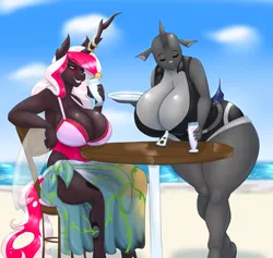 Size: 2535x2400 | Tagged: anthro, anthro oc, armpits, artist:blues64, artist:marauder6272, beach, big breasts, breasts, chair, changeling, changeling oc, changeling queen, changeling queen oc, cleavage, clothes, derpibooru import, duo, eyes closed, female, glass, high res, huge breasts, impossibly large breasts, juice, lemonade, oc, ocean, oc:protoqueen bountiful, oc:sinyxstra, red changeling, sand, series:the snack shack, sitting, suggestive, swimsuit, table, thighs, thunder thighs, tray, unguligrade anthro, unofficial characters only, wide hips