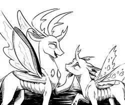 Size: 1430x1200 | Tagged: artist:28gooddays, black and white, changedling, changeling, changeling oc, derpibooru import, fanfic art, grayscale, king thorax, monochrome, oc, oc:vertexthechangeling, quadrupedal, safe, thorax