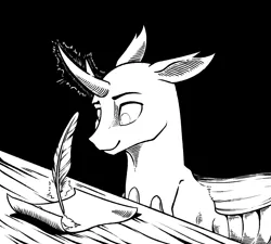 Size: 1336x1200 | Tagged: artist:28gooddays, black and white, changedling, changedling oc, changeling, changeling oc, derpibooru import, fanfic art, grayscale, monochrome, oc, oc:vertexthechangeling, quadrupedal, quill, safe, solo, writing, writing desk (furniture)