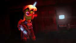 Size: 1920x1080 | Tagged: safe, artist:mister-karter, derpibooru import, oc, oc:arcane tesla, unofficial characters only, pony, unicorn, fallout equestria, 3d, blue eyes, clothes, energy weapon, fallout equestria:science and pain, female, glasses, glowing horn, hooves, horn, jumpsuit, laser rifle, levitation, magic, magical energy weapon, male, mare, solo, source filmmaker, stable, stallion, telekinesis, weapon
