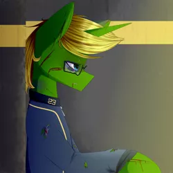 Size: 2000x2000 | Tagged: artist needed, safe, derpibooru import, oc, oc:arcane tesla, pony, unicorn, fallout equestria, blood, clothes, fallout equestria:science and pain, glasses, jumpsuit, male, solo, stable, stallion