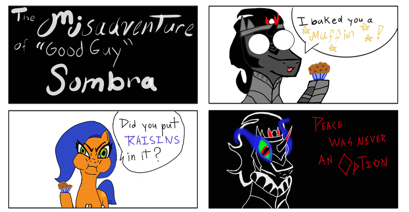 Size: 1920x997 | Tagged: safe, artist:end credicts, derpibooru import, king sombra, oc, unnamed oc, earth pony, pony, unicorn, 4 panel comic, dialogue, disgusted, drawing, food, happy, muffin, raisins, sad, sombra eyes, speech bubble