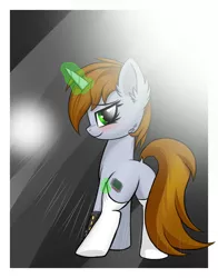 Size: 1300x1655 | Tagged: safe, derpibooru import, oc, oc:littlepip, pony, unicorn, fallout equestria, fanfic, abstract background, bedroom eyes, blushing, butt, clothes, dock, ear fluff, fanfic art, female, glowing horn, hooves, horn, looking at you, looking back, looking back at you, magic, mare, pipbuck, pipbutt, plot, smiling, socks, solo, telekinesis