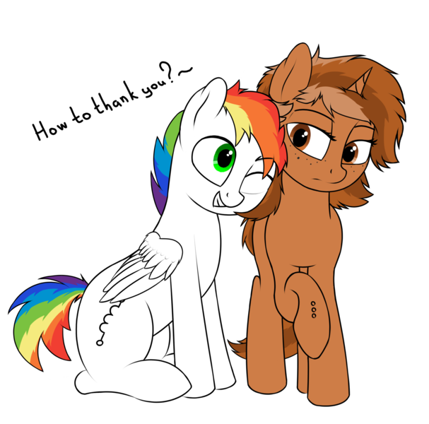 Size: 1757x1738 | Tagged: safe, artist:alex_blrus98, derpibooru import, oc, oc:rainbow coil, oc:sign, unofficial characters only, pegasus, pony, unicorn, brown mane, duo, female, green eyes, male, multicolored hair, rainbow hair, rainbow tail, simple background, sitting, text, transparent background