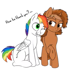 Size: 1757x1738 | Tagged: safe, artist:alex_blrus98, derpibooru import, oc, oc:rainbow coil, oc:sign, unofficial characters only, pegasus, pony, unicorn, brown mane, duo, female, green eyes, male, multicolored hair, rainbow hair, rainbow tail, simple background, sitting, text, transparent background