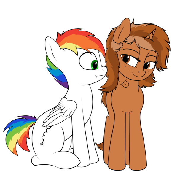 Size: 1757x1738 | Tagged: safe, artist:alex_blrus98, derpibooru import, oc, oc:rainbow coil, oc:sign, unofficial characters only, pegasus, pony, unicorn, brown mane, duo, female, green eyes, male, multicolored hair, rainbow hair, rainbow tail, simple background, sitting, transparent background