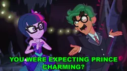 Size: 1280x720 | Tagged: safe, derpibooru import, edit, edited screencap, editor:sonic ranger, screencap, sci-twi, timber spruce, twilight sparkle, equestria girls, legend of everfree, legend of everfree - bloopers, bare shoulders, female, groucho marx, groucho marx psyche out, male, shipping, shrek, sleeveless, straight, strapless, timbertwi