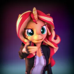 Size: 2160x2160 | Tagged: safe, artist:imafutureguitarhero, derpibooru import, sunset shimmer, anthro, unicorn, 3d, chromatic aberration, clothes, colored eyebrows, colored eyelashes, equestria girls outfit, female, film grain, finger gun, fingerless gloves, floppy ears, freckles, gloves, gradient background, high res, horn, jacket, long hair, looking at you, mare, multicolored hair, multicolored mane, nose wrinkle, pointing, pointing at you, signature, smiling, solo, source filmmaker, square, windswept mane