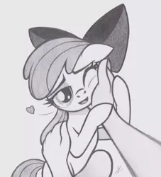 Size: 985x1085 | Tagged: safe, artist:lockerobster, derpibooru import, apple bloom, earth pony, human, pony, adorabloom, bow, cheek squish, cute, disembodied hand, eyeshadow, female, filly, floppy ears, grayscale, hair bow, hand, heart, human on pony petting, human on pony snuggling, interspecies, lidded eyes, looking at you, makeup, monochrome, offscreen character, petting, pov, simple background, smiling, snuggling, solo focus, spoken heart, squishy cheeks