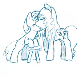 Size: 1000x1000 | Tagged: suggestive, artist:florecentmoo, derpibooru import, oc, oc:gloomy grey, unofficial characters only, pony, drool, female, kissing, lesbian, lineart, monochrome, sadistic sweetie belle, stool