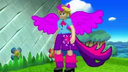 Size: 1280x720 | Tagged: safe, artist:miss-aaliyah-rosado, derpibooru import, edit, edited screencap, screencap, twilight sparkle, twilight sparkle (alicorn), alicorn, equestria girls, clothes, crossover, crown, ear piercing, earring, jewelry, nintendo, pegasus wings, piercing, ponied up, pony ears, princess peach, princess twipeach, regalia, shoes, super mario bros., super smash bros., super smash bros. 4, wings