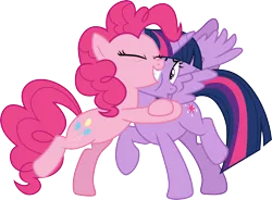 Size: 4068x3000 | Tagged: safe, artist:cloudyglow, artist:yanoda, derpibooru import, pinkie pie, twilight sparkle, twilight sparkle (alicorn), alicorn, earth pony, pony, the mean 6, .ai available, clone, duo, eyes closed, female, mare, raised hoof, simple background, smiling, transparent background, vector