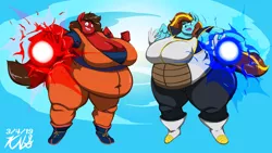 Size: 2048x1152 | Tagged: safe, derpibooru import, oc, oc:cloudbow rose, oc:redbow rose, pegasus, pony, belly, big belly, big breasts, breasts, dragon ball z, fat, female, gi, obese, saiyan armor, siblings, sisters