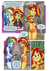 Size: 593x851 | Tagged: safe, artist:art-2u, derpibooru import, rainbow dash, sunset shimmer, comic:gym partners, equestria girls, belly button, cafeteria, clothes, comic, eyes closed, female, gym, gym uniform, midriff, open mouth, partners, shorts, smiling, speech bubble, sports bra, sports shorts, sweat, weight lifting, weights, wristband