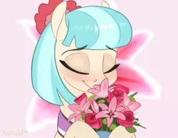 Size: 1200x933 | Tagged: safe, artist:mercurial64, derpibooru import, coco pommel, earth pony, pony, :t, abstract background, blushing, bouquet, bust, cocobetes, cute, eyes closed, female, flower, flower in hair, hair ornament, hoof hold, mare, movie accurate, portrait, rose, smiling, solo