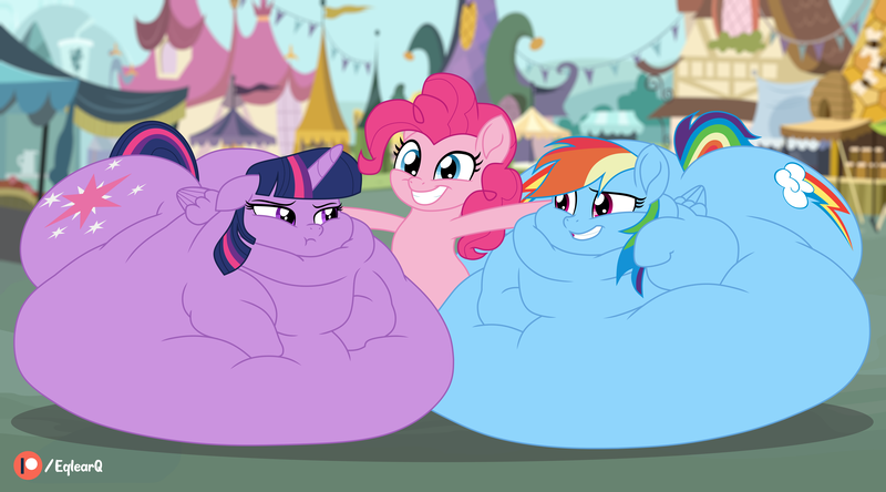 Size: 9000x5000 | Tagged: questionable, artist:eqlearq, derpibooru import, pinkie pie, rainbow dash, twilight sparkle, twilight sparkle (alicorn), alicorn, earth pony, pegasus, pony, :t, absurd resolution, backwards cutie mark, belly, belly bed, big belly, bingo wings, fat, female, females only, floppy ears, grin, huge belly, implied feeder pinkie, implied feeding, impossibly large belly, morbidly obese, neck roll, nervous, nervous grin, obese, patreon, patreon logo, ponyville, rainblob dash, smiling, squishy, stretched cutie mark, trio, twilard sparkle, twilight has a big ass, twilight is not amused, unamused