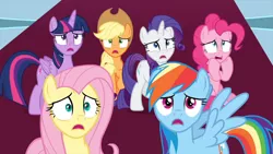 Size: 1280x720 | Tagged: safe, derpibooru import, screencap, applejack, fluttershy, pinkie pie, rainbow dash, rarity, twilight sparkle, twilight sparkle (alicorn), alicorn, earth pony, pegasus, pony, unicorn, the beginning of the end, spoiler:s09, image, mane six, open mouth, png