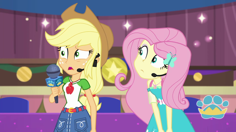Size: 1920x1080 | Tagged: safe, derpibooru import, screencap, applejack, fluttershy, best in show: the victory lap, equestria girls, equestria girls series, spoiler:eqg series (season 2), geode of fauna, geode of super strength, magical geodes, microphone