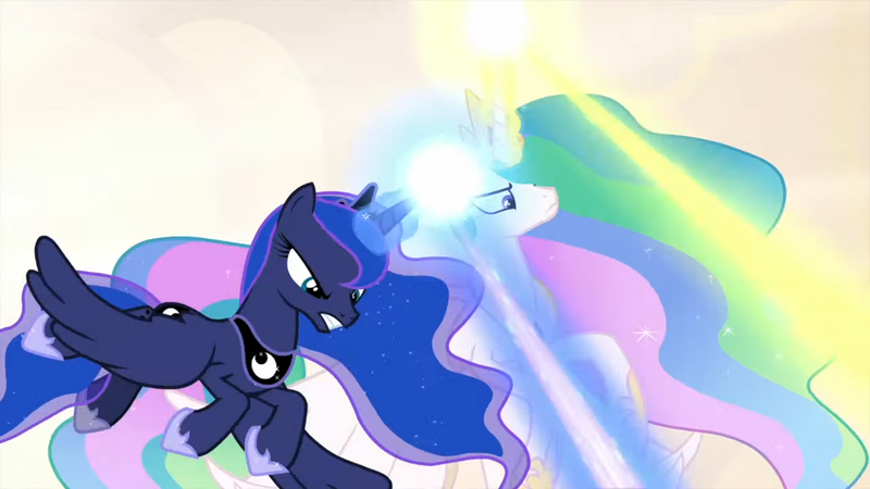 Size: 1280x720 | Tagged: safe, derpibooru import, screencap, princess celestia, princess luna, alicorn, pony, the beginning of the end, spoiler:s09, blast, duo, ethereal mane, female, flying, glowing horn, horn, laser, magic, magic beam, magic blast, mare, royal sisters, siblings, sisters, starry mane